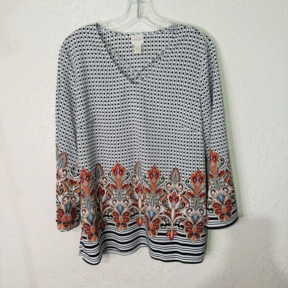 Chicos Women Mixed‎ Print Criss Cross V Neck Top Bell Sleeve Size 1 - Picture 1 of 6